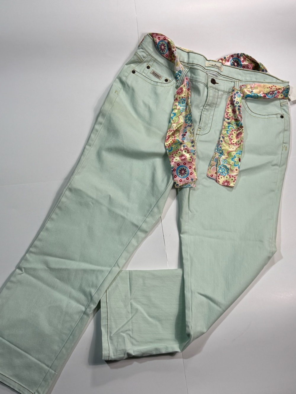 Z. Cavaricci Mint Green Straight-Leg Jeans with Floral Waist Tie